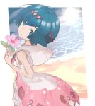  1girl absurdres beach blue_eyes blue_hair flower highres holding holding_flower jewelry lana_(pokemon) lana_(sygna_suit)_(pokemon) looking_at_viewer necklace ocean official_alternate_costume parted_lips pink_flower pokemon pokemon_(game) pokemon_masters_ex signature solo sun tyaui_(xjju4435) 