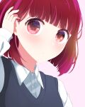  1girl absurdres adjusting_hair arima_kana black_vest blunt_bangs blush bob_cut closed_mouth collared_shirt commentary_request highres inverted_bob long_sleeves no_pupils oshi_no_ko partial_commentary red_eyes redhead shirt short_hair solo tuchan vest white_shirt 