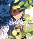 1boy black_hair blurry blurry_foreground earrings final_fantasy final_fantasy_xii frilled_shirt_collar frills grey_eyes highres jewelry larsa_ferrinas_solidor leaf light_smile long_sleeves looking_at_viewer male_focus medium_hair plant puffy_long_sleeves puffy_sleeves shirt siotomato solo swept_bangs upper_body white_shirt 