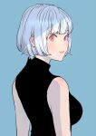 1girl black_sweater blonde_hair blue_background blush breasts facing_away looking_to_the_side original peco_(pockleberry) red_eyes shadow short_hair simple_background sleeveless sleeveless_sweater solo sweater turtleneck turtleneck_sweater upper_body 
