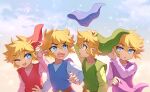 4boys :o ;d belt blonde_hair blue_eyes blue_headwear blue_shirt blue_tunic blush brown_belt clouds cloudy_sky commentary day english_commentary enni gradient_sky green_headwear green_shirt green_tunic hair_between_eyes hand_on_own_head hand_up hat hat_removed headwear_removed highres holding holding_clothes holding_hat link long_sleeves looking_at_another male_focus multiple_boys one_eye_closed open_mouth outdoors parted_bangs parted_lips pointy_ears purple_headwear purple_shirt purple_tunic red_headwear red_shirt red_tunic shirt short_hair sidelocks sky smile sweatdrop teeth the_legend_of_zelda the_legend_of_zelda:_four_swords tunic upper_teeth_only v-shaped_eyebrows wind 