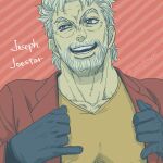  1boy alternate_costume beard black_gloves character_name collarbone facial_hair gloves jacket jojo_no_kimyou_na_bouken joseph_joestar joseph_joestar_(old) looking_to_the_side male_focus mature_male old old_man orange_background pectorals raised_eyebrow red_jacket shirt short_hair solo stardust_crusaders striped striped_background suit_jacket thick_eyebrows upper_body white_hair wrinkled_skin yaso80hachi yellow_shirt 