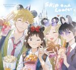  1boy 3girls animal_ears backpack bag black_hair black_jacket blonde_hair blush bow brown_eyes brown_hair caramel castle churro closed_eyes collared_shirt cookie cup disneyland eating eyewear_on_head fake_animal_ears food glasses grey_bow hair_between_eyes hair_bow holding holding_cup holding_food iwakura_mitsumi jacket kurume_makoto long_hair long_sleeves looking_at_viewer mickey_mouse_ears mouse_ears multiple_girls murashige_yuzuki necktie one_eye_closed open_mouth outdoors parted_bangs popcorn red_bow red_necktie salt school_uniform shima_sousuke shirt short_hair skip_to_loafer smile sparkle swept_bangs twitter_username upper_body v white_shirt yamasuke040 