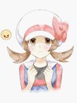  1girl asuka_rkgk blue_overalls blush bow brown_eyes brown_hair cabbie_hat clenched_hands closed_mouth emoji hands_up hat hat_bow highres long_hair looking_at_viewer lyra_(pokemon) overalls pink_bow pink_shirt pokemon pokemon_(game) pokemon_hgss shirt solo twintails white_background white_headwear 