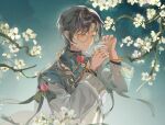  1boy bingzhen_yugao black_hair blue_eyes braid character_request chinese_clothes closed_mouth cup flower glasses highres holding holding_cup long_hair long_sleeves looking_to_the_side male_focus smile solo tea the_tale_of_food white_flower 