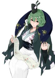  1girl black_headwear closed_mouth commentary_request cosplay green_eyes green_hair hat highres holding holding_scroll japanese_clothes kimono looking_at_viewer ofuda ofuda_on_clothes sash scroll short_hair simple_background smile soga_no_tojiko solo tate_eboshi touhou usami_sadamitsu usami_sadamitsu_(cosplay) white_background white_kimono yatsu_(yaxtu1029) 