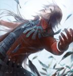  1boy aqua_eyes belt black_feathers blurry blurry_background brown_hair chest_strap crisis_core_final_fantasy_vii falling_feathers feathers final_fantasy final_fantasy_vii genesis_rhapsodos gloves jacket long_sleeves looking_up male_focus medium_hair multiple_belts outstretched_arms parted_bangs parted_lips red_gloves red_jacket signature skk_o01 solo upper_body 