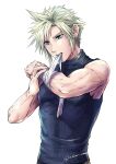  1boy absurdres bandaged_arm bandages bare_shoulders blonde_hair blue_eyes blue_shirt cloud_print earrings final_fantasy final_fantasy_vii final_fantasy_vii_remake highres holding_own_arm jewelry male_focus mouth_hold ribbon ribbon_in_mouth shirt short_hair single_earring sleeveless sleeveless_turtleneck solo spiky_hair toned toned_male turtleneck twitter_username warori_anne white_background 
