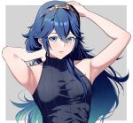 1girl adapted_costume alternate_costume ameno_(a_meno0) armpits bare_shoulders blue_eyes blue_hair border fire_emblem fire_emblem_awakening grey_background hair_between_eyes hand_on_own_head long_hair looking_at_viewer lucina_(fire_emblem) outside_border ribbed_sweater simple_background sleeveless sleeveless_sweater solo sweater tiara turtleneck turtleneck_sweater white_border 