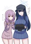  2girls alternate_costume atsuko_(blue_archive) blue_archive blue_eyes blue_hair generic_33 halo highres long_hair looking_at_viewer multiple_girls purple_hair red_eyes saori_(blue_archive) sweater thighs 