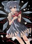  1girl absurdres ahoge black_background blue_bow blue_dress blue_eyes blue_hair bow cirno closed_mouth commentary detached_wings dress english_commentary feet_out_of_frame food fruit hair_bow highres holding holding_food ice ice_wings looking_at_viewer ougiikun shirt short_hair short_sleeves simple_background solo touhou watermelon watermelon_slice white_shirt wings 