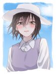  1girl baby_(demotsu) black_hair blue_sky blush border breasts buttons collared_dress dress fruits_basket grey_eyes hair_between_eyes hat highres looking_at_viewer medium_breasts outdoors pink_lips purple_dress short_hair sky solo souma_akito sun_hat upper_body white_border white_dress white_headwear 