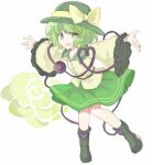  1girl :d black_footwear black_headwear blouse boots bow bright_pupils buttons diamond_button frilled_shirt_collar frilled_sleeves frills full_body green_eyes green_hair green_skirt hat hat_bow hat_ribbon heart heart-shaped_pupils heart_of_string highres ka_(haterun) komeiji_koishi long_sleeves looking_at_viewer medium_hair open_mouth outstretched_arms ribbon shirt simple_background skirt smile solo symbol-shaped_pupils third_eye touhou wavy_hair white_background wide_sleeves yellow_bow yellow_ribbon yellow_shirt 