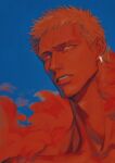  1boy absurdres blonde_hair blue_background coat collarbone donquixote_doflamingo earrings eyelashes feather_coat highres injury jewelry looking_to_the_side male_focus one_piece parted_lips pink_coat portrait red_eyes scar scar_across_eye short_hair solo zoewadewilson 