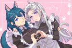  2girls animal_ears apron arm_around_back arm_around_shoulder black_dress blue_eyes blue_hair blush breasts byleth_(fire_emblem) cat_ears cat_girl cat_tail dress edelgard_von_hresvelg fire_emblem fire_emblem:_three_houses furrowed_brow grey_hair hair_between_eyes hair_ornament heart heart_hands heart_hands_duo highres juliet_sleeves kemonomimi_mode large_breasts light_smile long_hair long_sleeves looking_at_viewer maid_apron maid_headdress medium_breasts medium_hair multiple_girls parted_bangs pink_background puffy_sleeves radiostarkiller tail violet_eyes waist_apron white_apron x_hair_ornament 