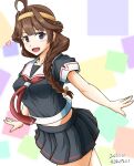  absurdres ahoge artist_name black_serafuku black_shirt black_skirt braid brown_hair cosplay cowboy_shot dated double_bun gold_hairband hair_bun hair_over_shoulder hairband heart highres hiqu kantai_collection kongou_(kancolle) long_hair looking_at_viewer neckerchief outstretched_arms pleated_skirt red_neckerchief sailor_collar school_uniform serafuku shigure_(kancolle) shigure_(kancolle)_(cosplay) shirt single_braid skirt smile violet_eyes white_sailor_collar 