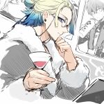  2boys bathrobe blonde_hair blue_eyes blue_hair blue_lock closed_mouth cup drinking_glass glasses hair_bun hand_on_own_chin hand_up holding holding_cup isagi_yoichi looking_at_viewer male_focus michael_kaiser multiple_boys round_eyewear sketch smile stroking_own_chin torichiribs upper_body wine_glass 