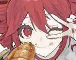  0211nami 1girl :p bread commentary crumbs eating food food_on_face kasane_teto lowres one_eye_closed portrait red_eyes redhead simple_background solo symbol-only_commentary tongue tongue_out twintails v vocaloid white_background 