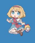  1girl :o alice_margatroid blonde_hair blue_background blue_dress blue_eyes boots capelet chibi citrus_(place) commentary_request dress full_body hairband looking_at_viewer open_mouth shanghai_doll short_hair simple_background solo touhou 