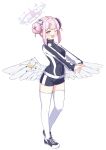  1girl ;d absurdres angel_wings black_shorts blue_archive blunt_bangs commentary_request double_bun feathered_wings flower fukujin full_body gym_shorts gym_uniform hair_bun hair_flower hair_ornament hair_scrunchie halo highres jacket long_hair long_sleeves looking_at_viewer mika_(blue_archive) multicolored_clothes multicolored_jacket official_alternate_costume official_alternate_hairstyle one_eye_closed pink_hair scrunchie shoes short_shorts shorts sidelocks simple_background smile sneakers solo standing standing_on_one_leg stretching thigh-highs track_jacket two-tone_jacket white_background white_thighhighs white_wings wings yellow_eyes zettai_ryouiki 