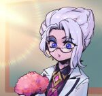  1girl :o blue_eyes earrings gem glasses holding jacket jewelry morgana_(league_of_legends) official_alternate_costume open_mouth phantom_ix_row semi-rimless_eyewear short_hair solo star_nemesis_morgana upper_body white_hair white_jacket 