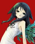  1girl bare_shoulders black_hair dress flat_chest green_eyes green_wings hair_flaps highres long_hair looking_to_the_side open_mouth r_(reijibnuy2) red_background ribbon saya_(saya_no_uta) saya_no_uta sidelocks simple_background sleeveless solo sundress upper_body white_dress wings 