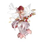  1girl aiming anna_(fire_emblem) attack bare_shoulders bouquet bow_(weapon) breasts detached_sleeves dress feather_trim fire_emblem fire_emblem_heroes flower flower_brooch gold_bracelet gold_choker high_ponytail holding holding_bouquet holding_bow_(weapon) holding_weapon medium_breasts official_alternate_costume official_art open_mouth ponytail red_eyes red_flower red_rose redhead rose smile v-shaped_eyebrows weapon white_background white_dress yellow_flower yellow_rose 