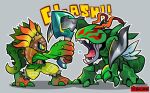 :d artist_name character_request digimon digimon_(creature) fighting holding holding_weapon looking_at_another no_humans sharp_teeth sinobali smile teeth tongue tongue_out weapon 