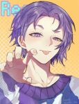  1boy :p blue_lock character_name commentary_request fingernails highres koumimi long_sleeves mikage_reo polka_dot polka_dot_background portrait purple_hair short_hair solo tongue tongue_out twitter_username violet_eyes 