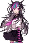  1girl asymmetrical_legwear black_choker black_hair black_sailor_collar black_skirt choker danganronpa_(series) danganronpa_2:_goodbye_despair ear_piercing hair_horns highres jewelry long_hair looking_at_viewer mioda_ibuki mismatched_legwear mouth_piercing multicolored_hair multiple_piercings neckerchief piercing pink_eyes pink_hair pink_neckerchief sailor_collar sailor_shirt school_uniform serafuku shirt short_sleeves skirt solo streaked_hair striped_arm_warmers thigh-highs white_background white_hair yuma_(yumachansan) 