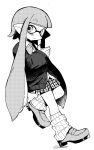  1girl blunt_bangs blush closed_mouth greyscale highres inkling inkling_girl leg_warmers long_sleeves looking_at_viewer monochrome pointy_ears shimazaki1152 shirt shoes short_hair_with_long_locks simple_background skirt solo splatoon_(series) tentacle_hair 