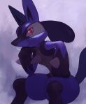  1boy animal_ears animal_hands artist_name black_fur blue_fur body_fur closed_mouth furry furry_male hand_on_own_chin hand_on_own_hip hand_up head_rest highres ikei looking_up lucario male_focus multicolored_fur pokemon pokemon_(creature) purple_background red_eyes signature simple_background snout solo spikes tail thinking wolf_boy wolf_ears wolf_tail yellow_fur 