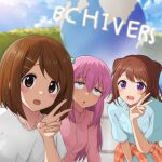  3girls absurdres bang_dream! blue_hair blue_shirt bob_cut bocchi_the_rock! brown-eyes brown_hair collared_shirt crossover gotou_hitori highres hirasawa_yui jacket k-on! multiple_crossover multiple_girls open_mouth pink_hair pink_jacket poa_mellhen shirt short_hair short_sleeves t-shirt toyama_kasumi track_jacket v violet_eyes white_shirt 