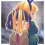  2girls :&lt; artist_name back-to-back blind_girl_(popopoka) blonde_girl_(popopoka) blonde_hair blue_eyes blue_hairband blush border borrowed_character brown_hair brown_sweater collared_shirt crossed_arms green_sweater grey_eyes hairband hel_(heleeris) long_hair multiple_girls neck_ribbon original red_ribbon ribbon shirt short_hair sweater upper_body white_border white_shirt 