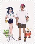  1boy 1girl :d aged_up black_hair black_shorts brown_shorts colored_inner_hair commentary_request cowlick dark-skinned_male dark_skin eyelashes frills fuecoco green_eyes hair_ornament hairclip highres jewelry knees liko_(pokemon) long_hair multicolored_hair necklace open_mouth pokemon pokemon_(anime) pokemon_(creature) pokemon_horizons rei_hinketsu roy_(pokemon) sandals shirt shoes short_sleeves shorts smile socks sprigatito standing white_background white_footwear white_shirt yellow_bag 