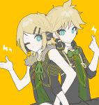  0211nami 1boy 1girl black_suit blonde_hair blue_eyes bow bowtie formal green_bow green_bowtie green_necktie hair_ornament hairpin kagamine_len kagamine_rin lightning_bolt_symbol long_sleeves looking_at_viewer necktie one_eye_closed sleeveless suit upper_body vocaloid 
