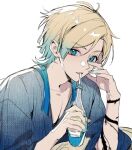  1boy arm_tattoo blonde_hair blue_eyes blue_hair blue_lock blue_shirt bottle collarbone drinking_straw drinking_straw_in_mouth hand_up holding holding_bottle long_hair looking_at_viewer male_focus michael_kaiser shirt shizuka000217 simple_background solo tattoo upper_body white_background 