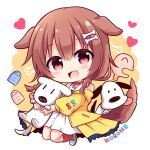  1girl :d animal_ears blush bone_hair_ornament braid brown_eyes brown_hair character_name chibi dog_ears dog_girl double-parted_bangs dress fang futo-inu hair_between_eyes hair_ornament hairclip hololive hoso-inu inugami_korone inugami_korone_(1st_costume) jacket jumping kashiwadokoro listener_(inugami_korone) long_hair looking_at_viewer loose_socks low_twin_braids low_twintails open_clothes open_jacket open_mouth red_socks short_dress skin_fang sleeveless sleeveless_dress smile socks solo twin_braids twintails virtual_youtuber white_dress yellow_jacket yubi_yubi_(inugami_korone) 
