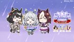 3girls ahoge animal_ears black_hair blush_stickers bodice bow braid brown_hair chibi closed_eyes commentary_request cropped_jacket ear_bow ear_covers french_braid gabeu_(miracle_t) grey_hair grey_pantyhose highres hishi_miracle_(umamusume) holding holding_mallet horse_ears horse_girl horse_tail japanese_clothes kine kitasan_black_(umamusume) light_brown_hair mallet medium_hair multicolored_hair multiple_girls neck_ribbon official_alternate_costume origami outline pantyhose paper_crane purple_bow purple_ribbon ribbon ribbon-trimmed_sleeves ribbon_trim shooting_star short_hair special_week_(umamusume) streaked_hair sweatdrop tail thigh-highs translation_request twitter_username two-tone_hair umamusume v white_thighhighs wide_sleeves 