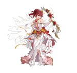  1girl anna_(fire_emblem) bare_shoulders bouquet bow_(weapon) breasts damaged detached_sleeves dress feather_trim fire_emblem fire_emblem_heroes flower flower_brooch gold_bracelet gold_choker high_ponytail holding holding_bouquet holding_bow_(weapon) holding_weapon medium_breasts official_alternate_costume official_art one_eye_closed open_mouth ponytail red_eyes red_flower red_rose redhead rose teeth torn_clothes torn_dress upper_teeth_only v-shaped_eyebrows weapon white_background white_dress yellow_flower yellow_rose 