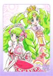  2girls :d bow colored_eyelashes doll_joints dress drill_hair dual_persona falulu forehead_jewel green_hair grey_eyes hair_ribbon headphones joints kamikita_futago long_hair looking_at_viewer multiple_girls open_mouth parted_bangs pink_dress pink_ribbon pretty_(series) pripara puffy_short_sleeves puffy_sleeves ribbon short_sleeves sidelocks signature smile tiara twin_drills twintails very_long_hair white_bow winding_key wing_hair_ornament 