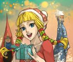  3girls alderion-al blonde_hair blue_eyes christmas christmas_ornaments christmas_present dark-skinned_female dark_skin dual_persona gift hat holding holding_gift impa looking_at_viewer multiple_girls open_mouth pointy_ears princess_zelda santa_hat star_(symbol) teeth the_legend_of_zelda the_legend_of_zelda:_skyward_sword 