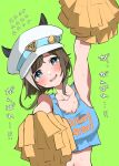  1girl absurdres alternate_costume blue_eyes blue_shirt blush brown_hair cheval_grand_(umamusume) flying_sweatdrops hat highres horse_girl looking_at_viewer midriff navel open_mouth pom_pom_(cheerleading) sailor_hat shirt short_hair sidelocks sleeveless solo sweatdrop tank_top translation_request umamusume upper_body yoino_iyo2 