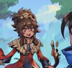  1boy 1girl :d bracelet brown_eyes brown_hair coat dark-skinned_female dark_skin day freckles hair_between_eyes hair_ribbon happy jewelry league_of_legends long_hair long_sleeves looking_at_another looking_at_viewer outdoors phantom_ix_row red_coat ribbon smile solo_focus taliyah tree tress_ribbon yasuo_(league_of_legends) 