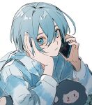 1boy blue_eyes blue_hair blue_lock blue_shirt cellphone closed_mouth hands_up head_rest holding holding_phone long_sleeves looking_at_viewer male_focus pajamas phone shirt shizuka000217 short_hair simple_background smartphone solo stuffed_toy upper_body white_background you_hiori 