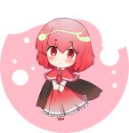  1girl black_cape bow bowtie cape capelet chibi commentary dress full_body looking_at_viewer okazaki_yumemi open_mouth red_background red_bow red_bowtie red_capelet red_dress red_eyes red_footwear redhead short_hair teruteru12 touhou touhou_(pc-98) 