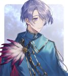  1boy airm blue_cloak blue_jacket border brooch buttons cloak collared_cloak diamond_button eyes_visible_through_hair feathers genzuki_toujirou gold_trim hair_over_one_eye highres jacket jewelry looking_to_the_side male_focus nijisanji outside_border purple_hair short_hair sky smile solo star_(sky) starry_sky upper_body violet_eyes virtual_youtuber white_border 