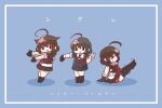  3girls ahoge black_gloves black_hair black_shirt black_skirt bloom2425 blue_background blue_eyes braid commentary_request exercise fingerless_gloves gloves hair_flaps hair_over_shoulder happy_birthday kantai_collection long_hair looking_at_viewer multiple_girls multiple_persona necktie pleated_skirt red_necktie sailor_collar sailor_shirt shigure_(kancolle) shigure_kai_ni_(kancolle) shigure_kai_san_(kancolle) shirt simple_background single_braid single_glove skirt sleeveless sleeveless_shirt solid_oval_eyes two-tone_shirt white_sailor_collar 