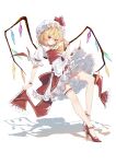  1girl absurdres apron ascot blonde_hair blush chinese_commentary collared_shirt crystal flandre_scarlet frilled_apron frilled_skirt frills full_body hair_between_eyes hat high_heels highres huangyou long_hair mob_cap one_side_up orange_ascot red_eyes red_footwear red_skirt red_vest shadow shirt short_sleeves simple_background skirt solo touhou vest waist_apron white_apron white_background white_headwear white_shirt wrist_cuffs 