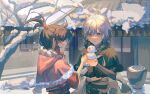  2boys bingzhen_yugao blush brown_hair candied_hawthorn_(the_tale_of_food) character_request facing_another high_ponytail highres holding_snowman looking_at_another male_child male_focus multiple_boys open_mouth smile snow snowman the_tale_of_food white_hair yellow_eyes 